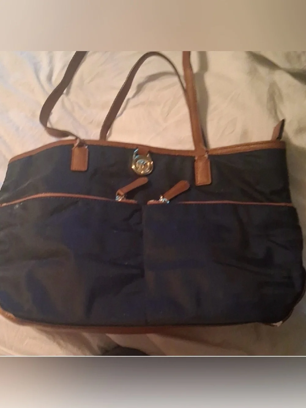 Michael Kors Navy Tote Bag with Tan Trim - Classic Carryall